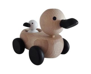 Mama Eend met kuikentje &ndash; Houten Speelgoed Zwart/Wit